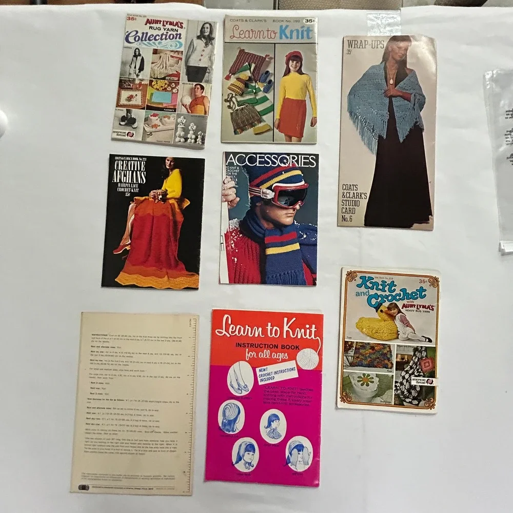 Vintage Knitting Crochet Pattern Book Lot 8ct 60s 70s Retro MCM Boho Grannycore